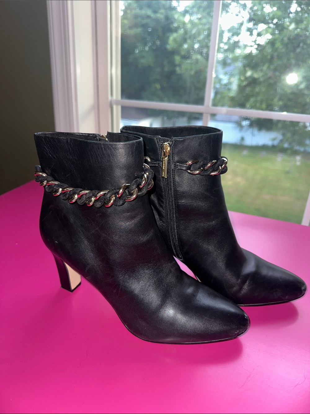 Karl Lagerfeld Black Leather Ankle Booties with Chain Trim